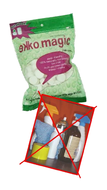 Ekko Magic wipe pack beside crossed-out household cleaning products